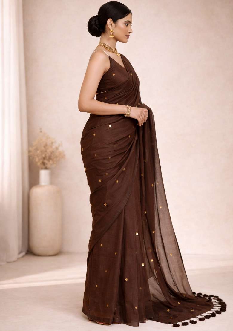 Brown Woven Khadi Saree Set for Diwali and Festive Wear - Indya