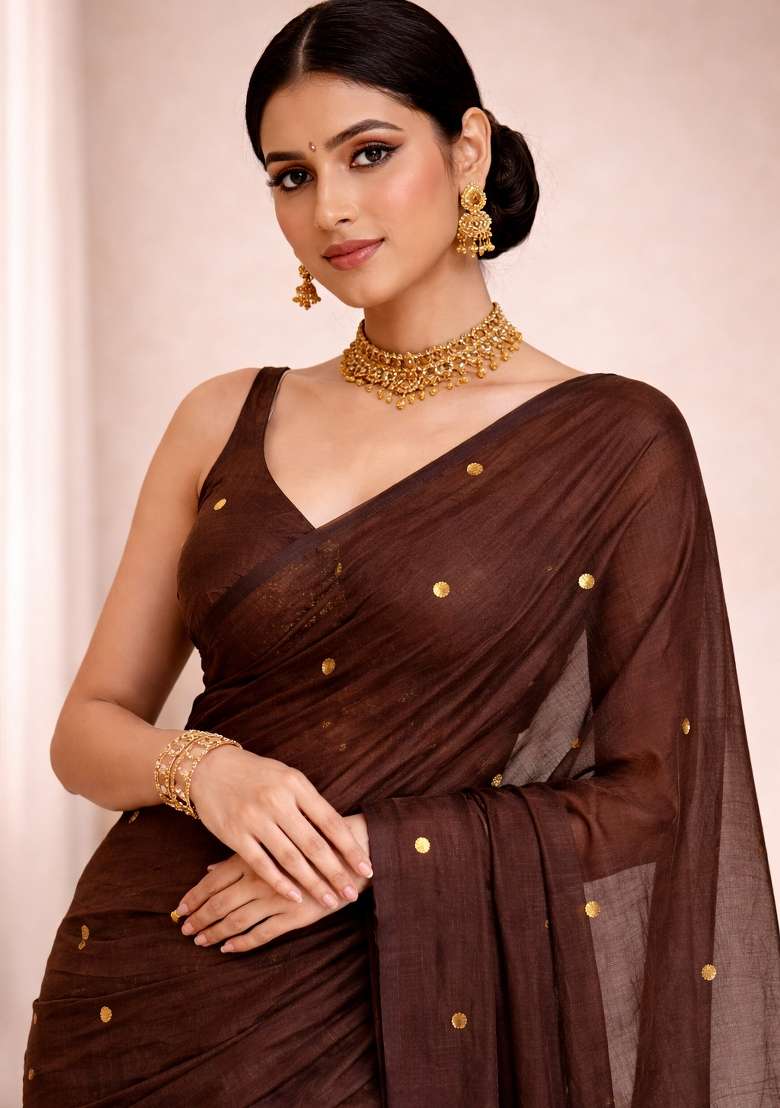 Brown Woven Khadi Saree Set for Diwali and Festive Wear - Indya