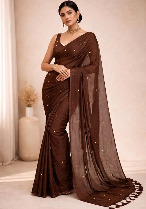 Brown Woven Khadi Saree Set