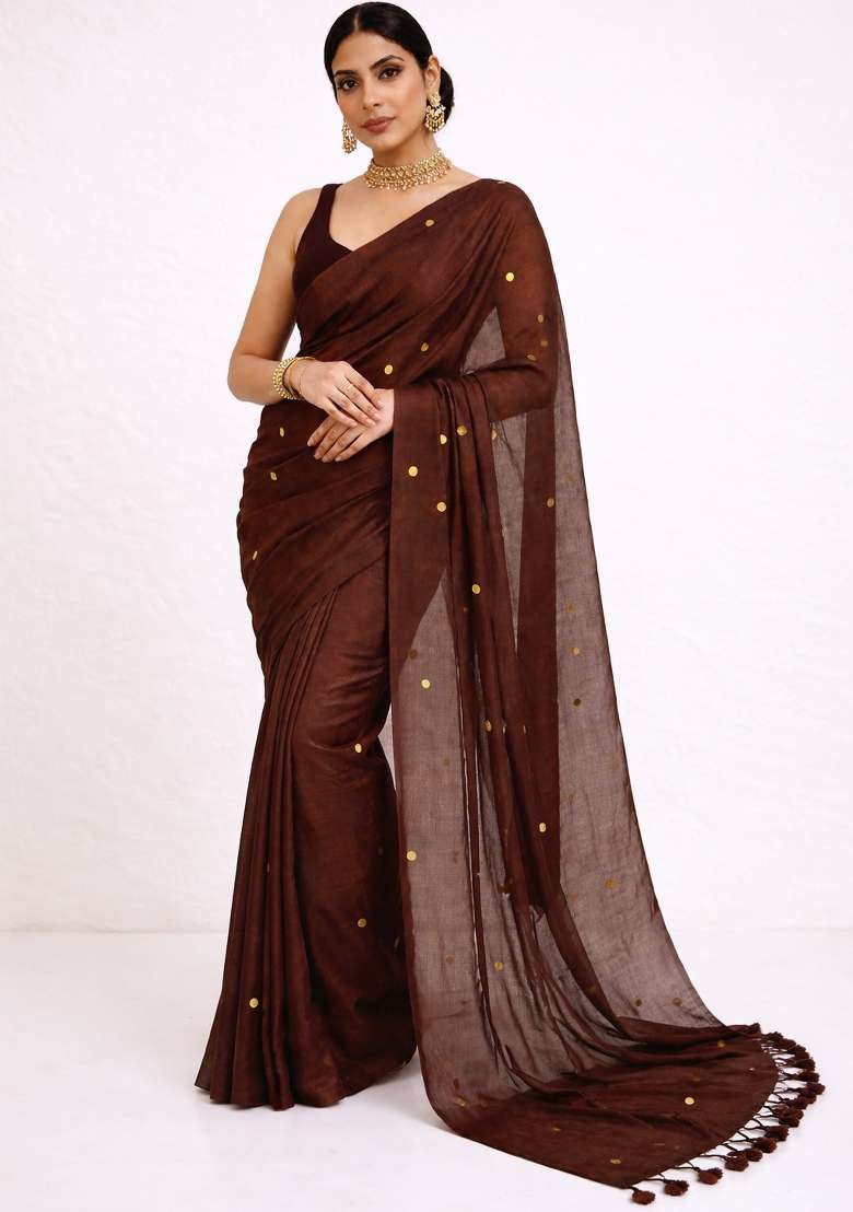 Brown Woven Khadi Saree Set for Diwali | Wedding & Festive Wear - Indya