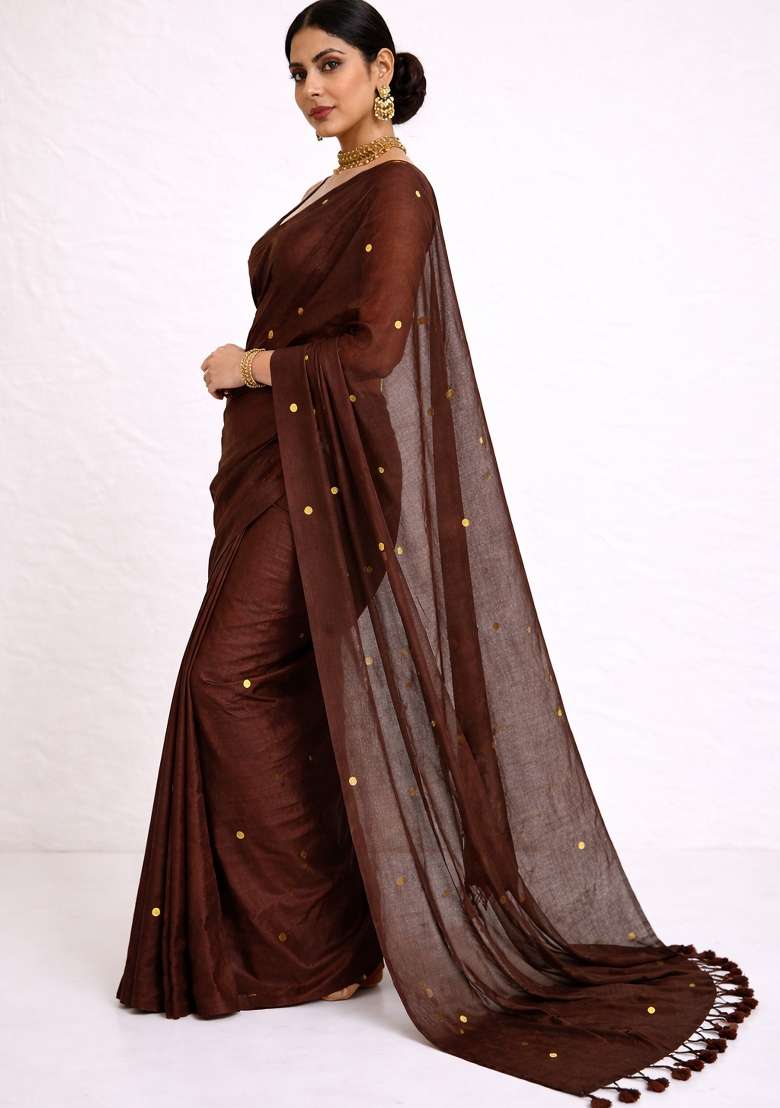 Brown Woven Khadi Saree Set for Diwali | Wedding & Festive Wear - Indya