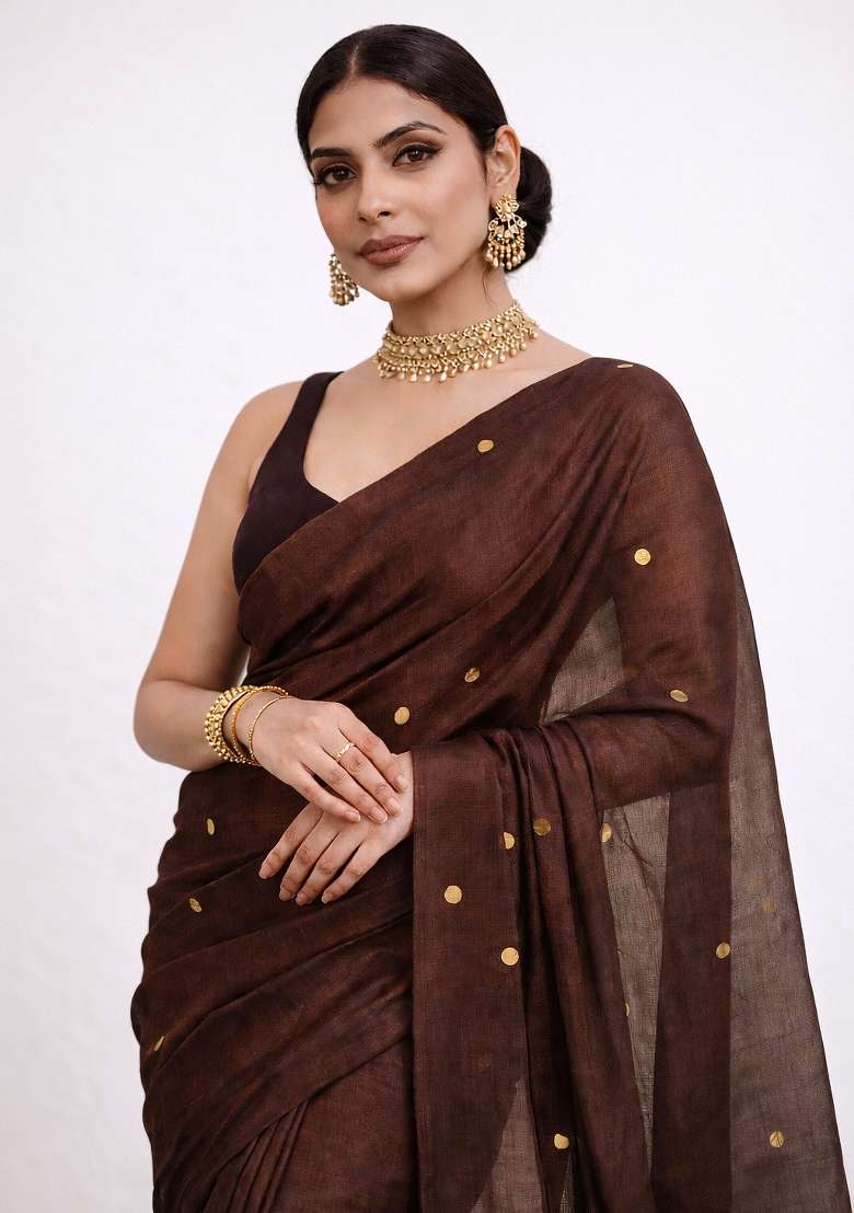 Brown Woven Khadi Saree Set for Diwali | Wedding & Festive Wear - Indya