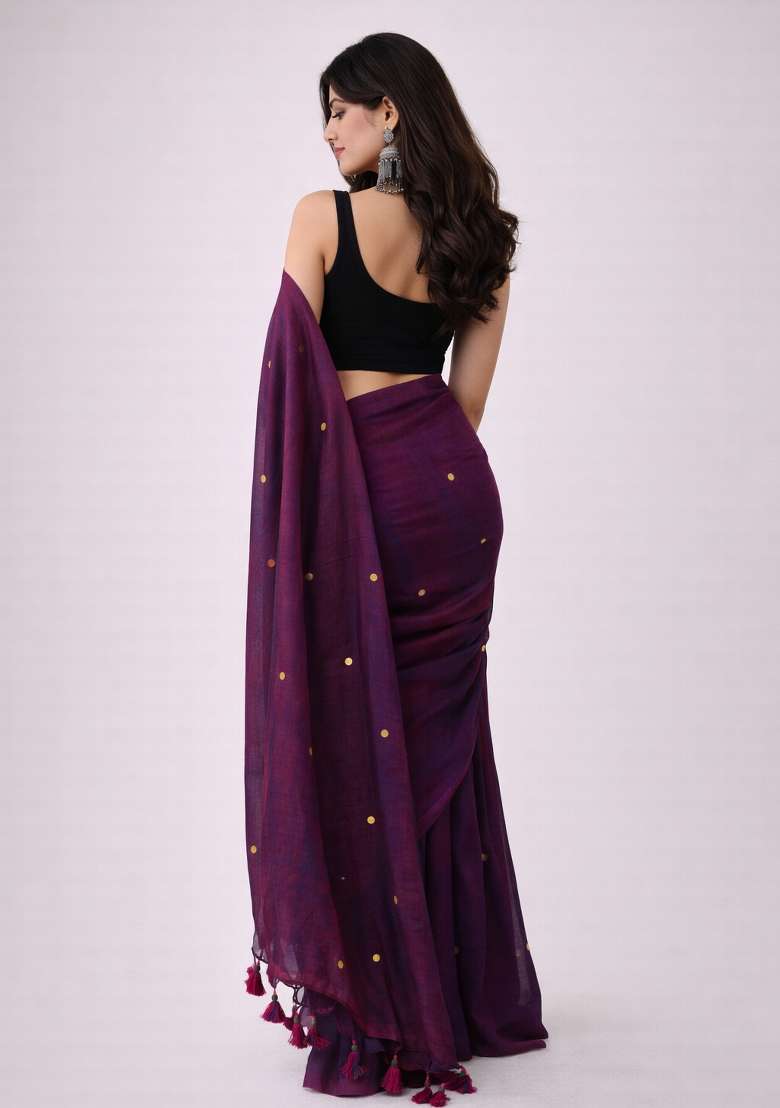 Dark Purple Woven Khadi Saree Set for Diwali and Festive Wear - Indya