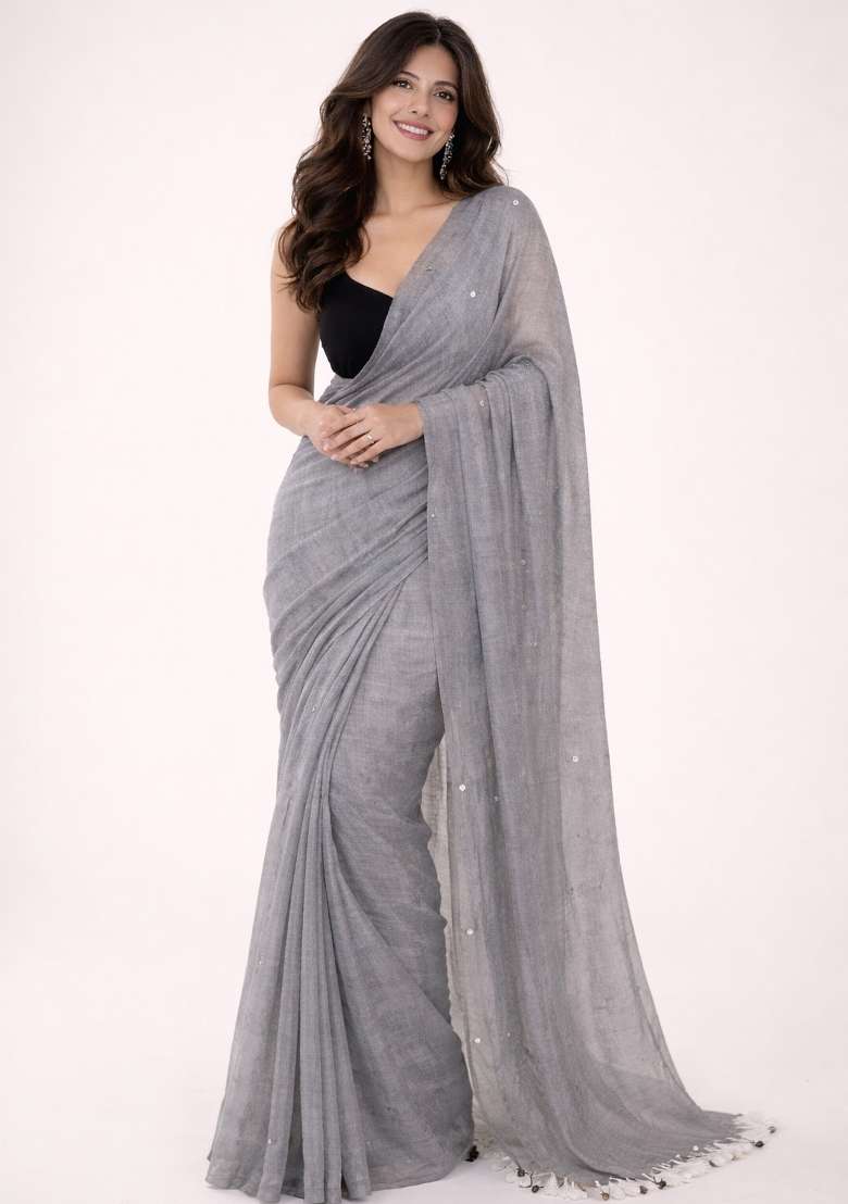 Grey Woven Khadi Saree Set for Diwali and Festive Wear - Indya
