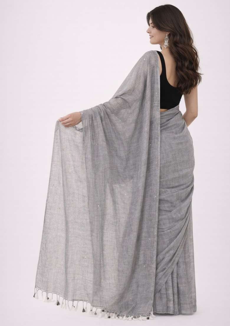 Grey Woven Khadi Saree Set for Diwali and Festive Wear - Indya