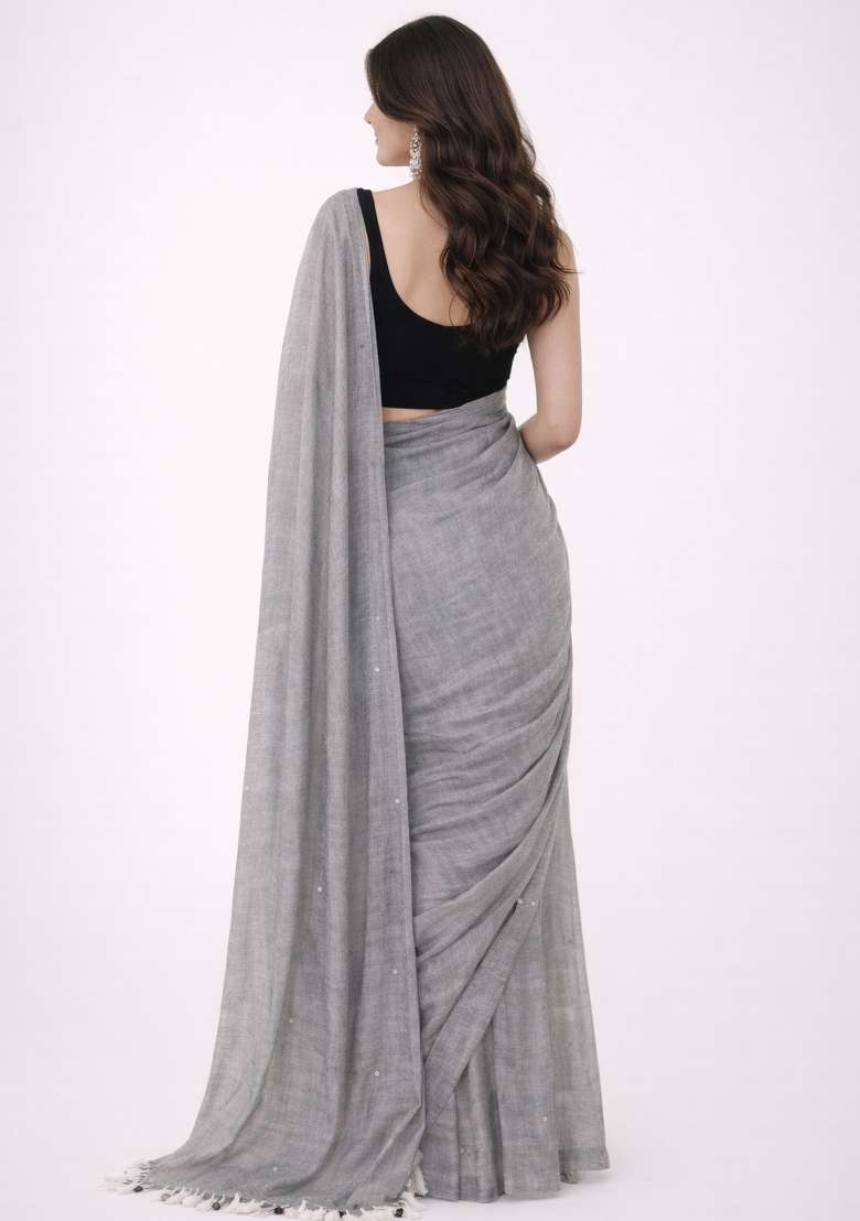 Grey Woven Khadi Saree Set for Diwali and Festive Wear - Indya