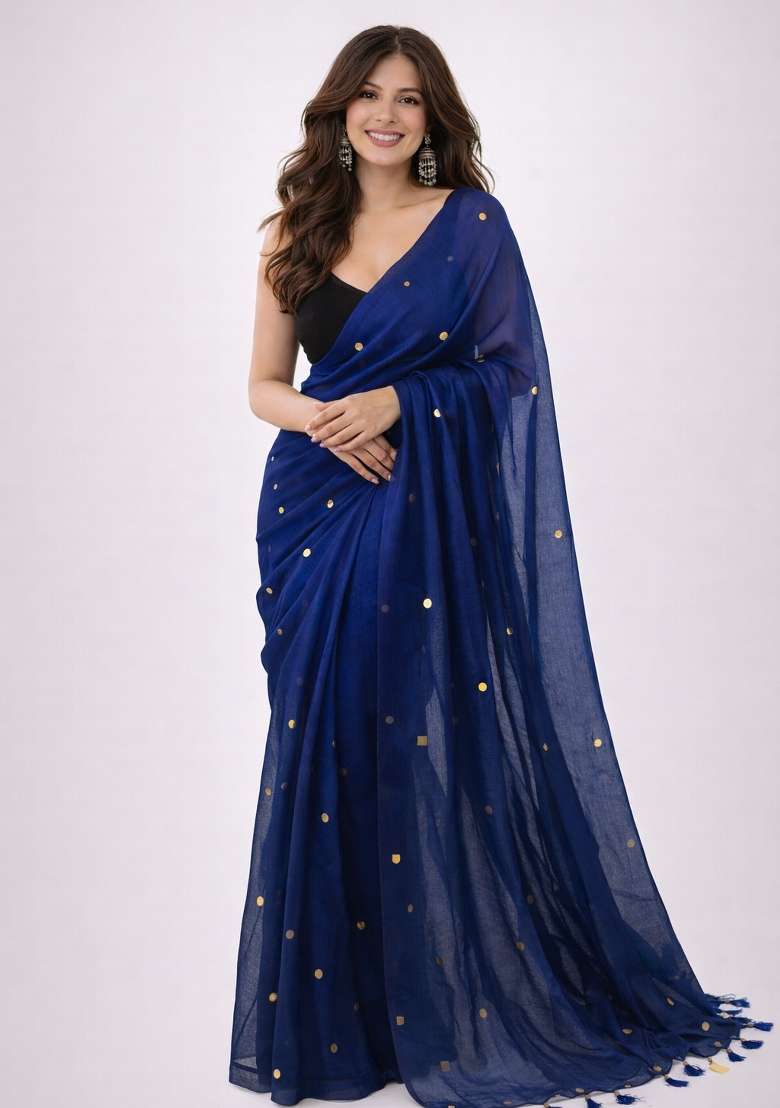 Navy Blue Woven Khadi Saree Set for Diwali and Festive Wear - Indya