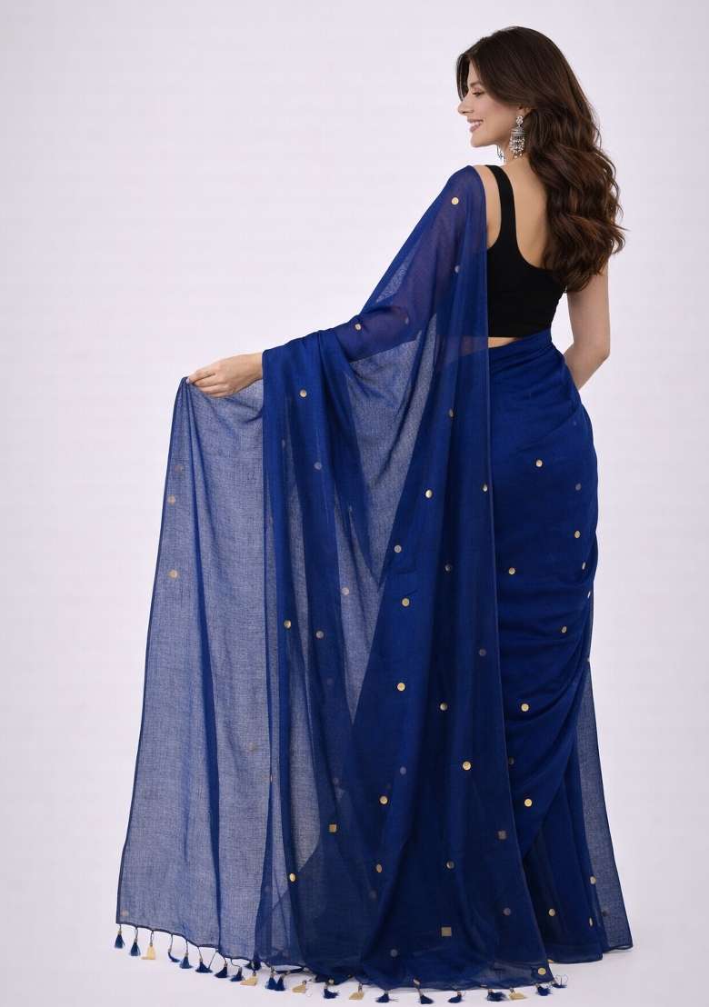 Navy Blue Woven Khadi Saree Set for Diwali and Festive Wear - Indya