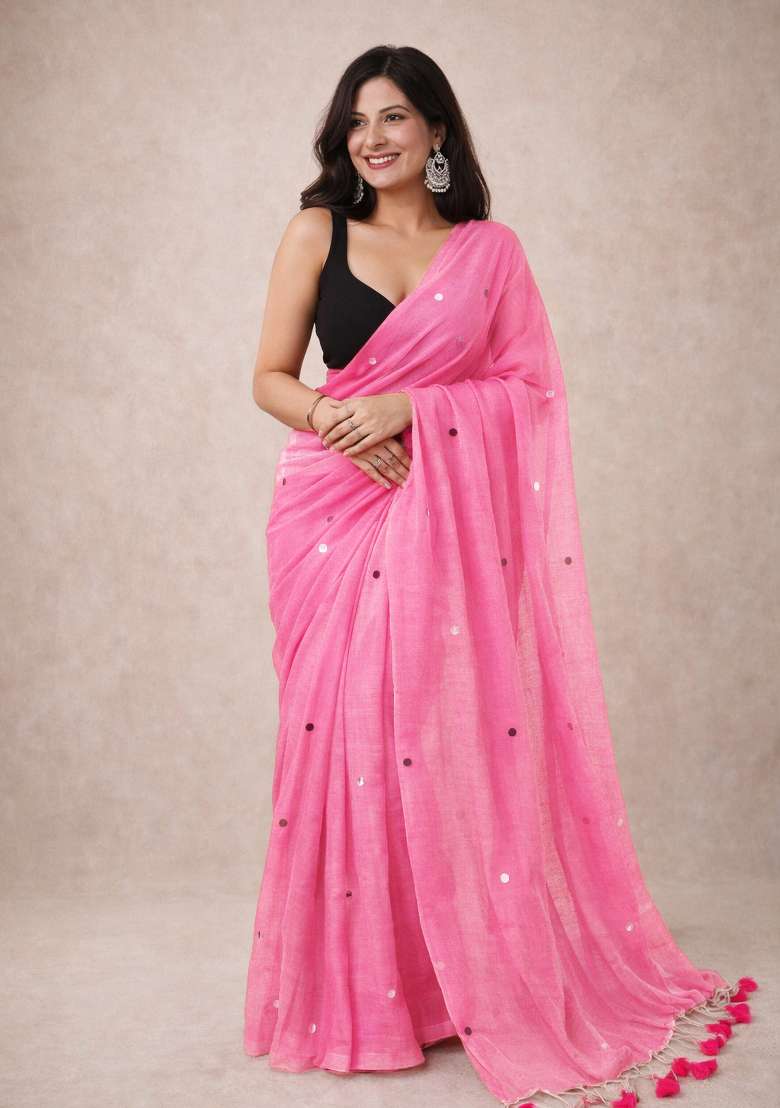 Pink Woven Khadi Saree Set for Diwali | Wedding & Festive Wear - Indya