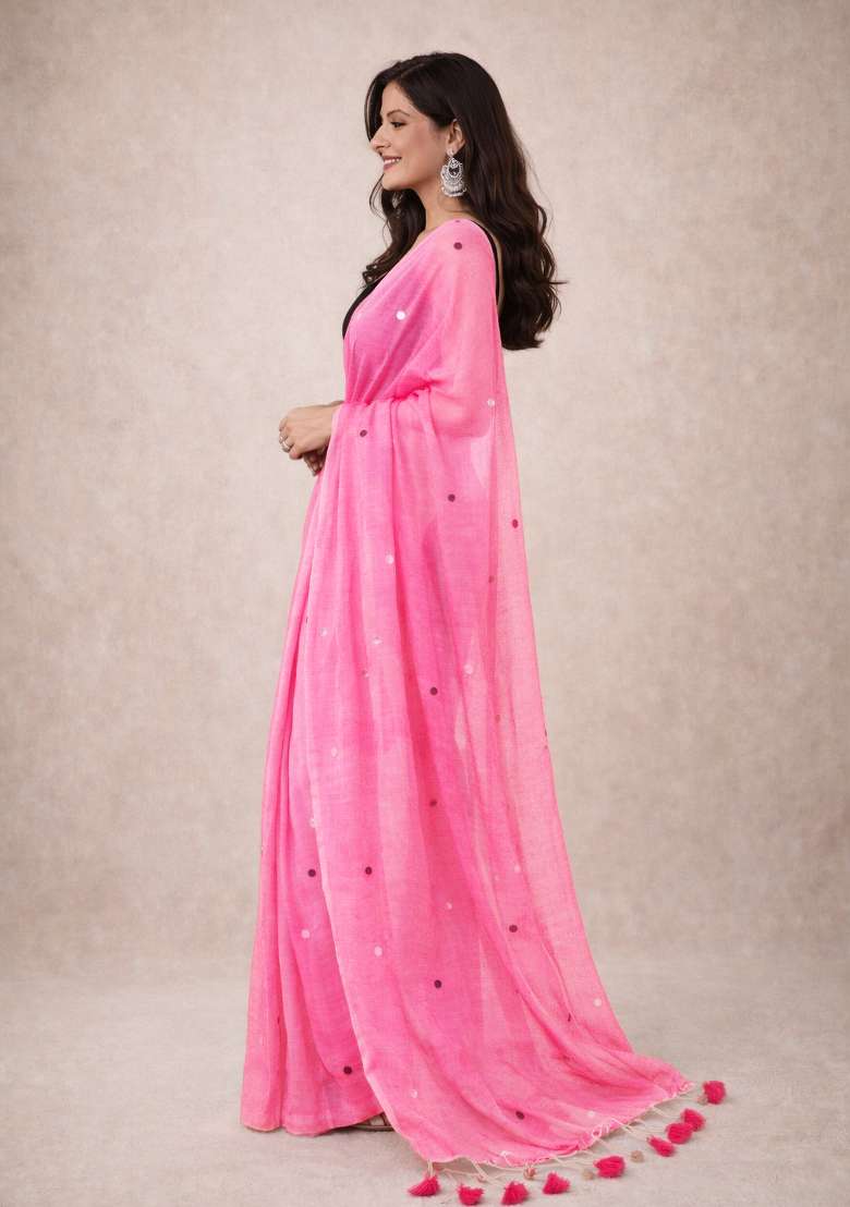 Pink Woven Khadi Saree Set for Diwali | Wedding & Festive Wear - Indya