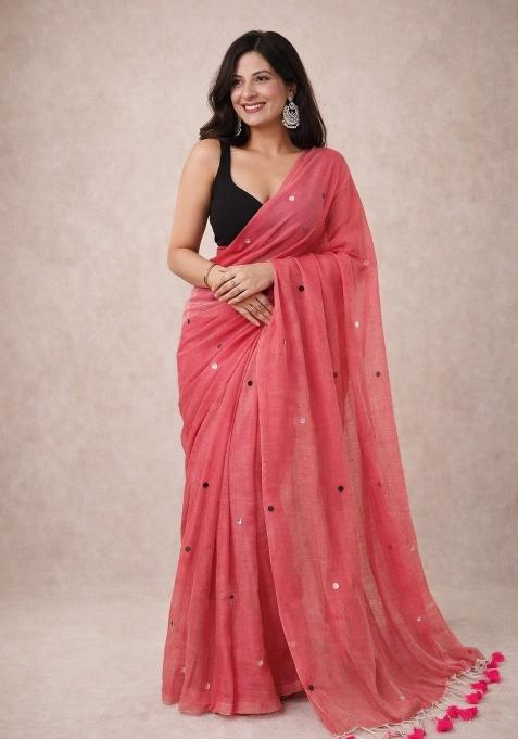 Pink Woven Khadi Saree Set
