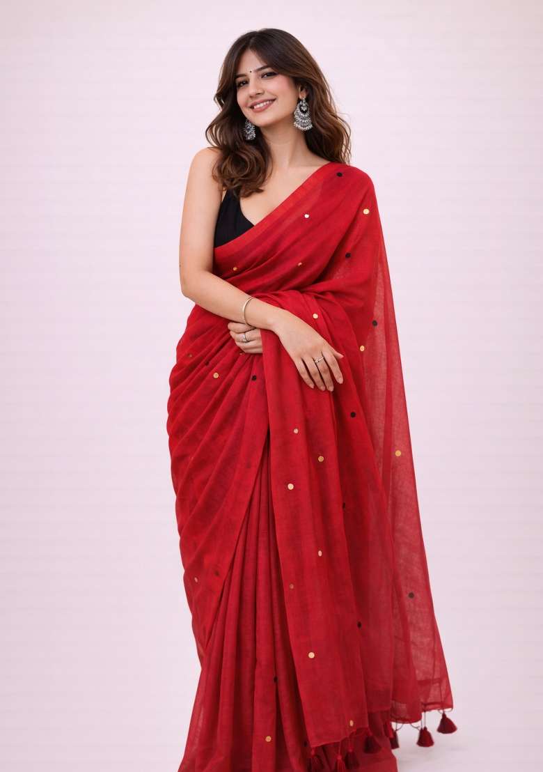 Red Woven Khadi Saree Set for Diwali and Festive Wear - Indya