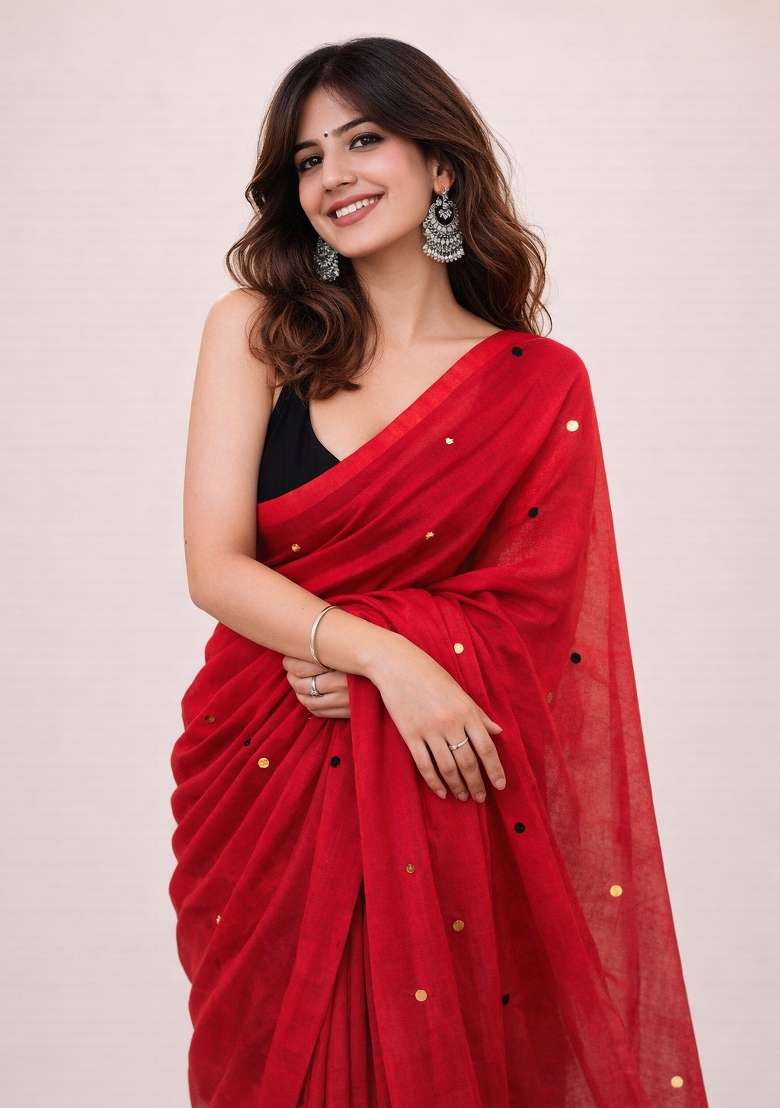 Red Woven Khadi Saree Set for Diwali and Festive Wear - Indya