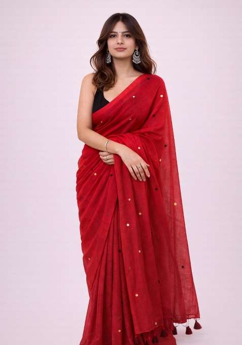 Red Woven Khadi Saree Set for Diwali and Festive Wear