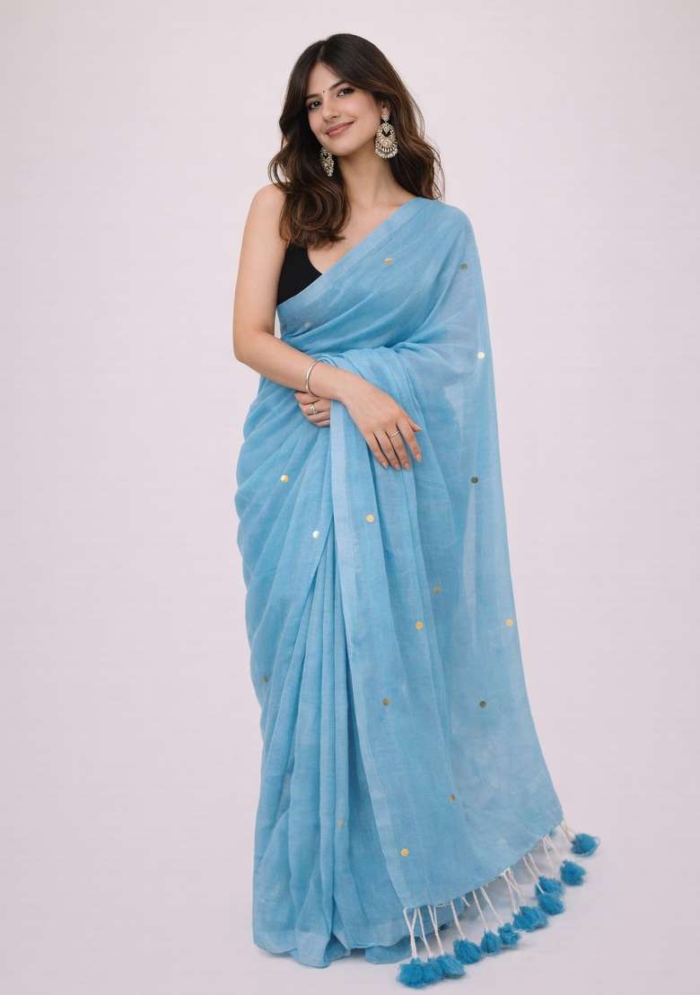 Sky Blue Woven Khadi Saree Set for Diwali | Wedding & Festive Wear - Indya