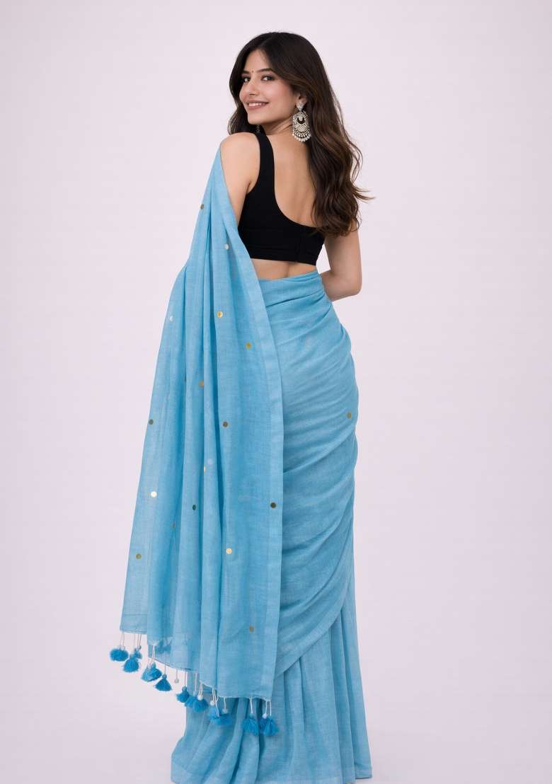 Sky Blue Woven Khadi Saree Set for Diwali | Wedding & Festive Wear - Indya