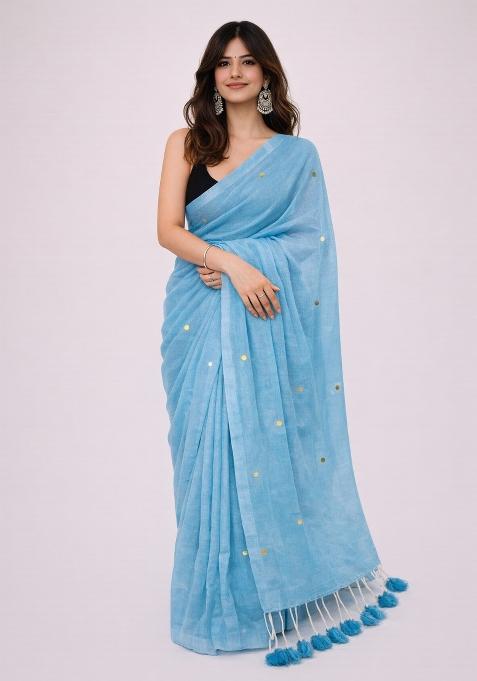 Sky Blue Woven Khadi Saree Set