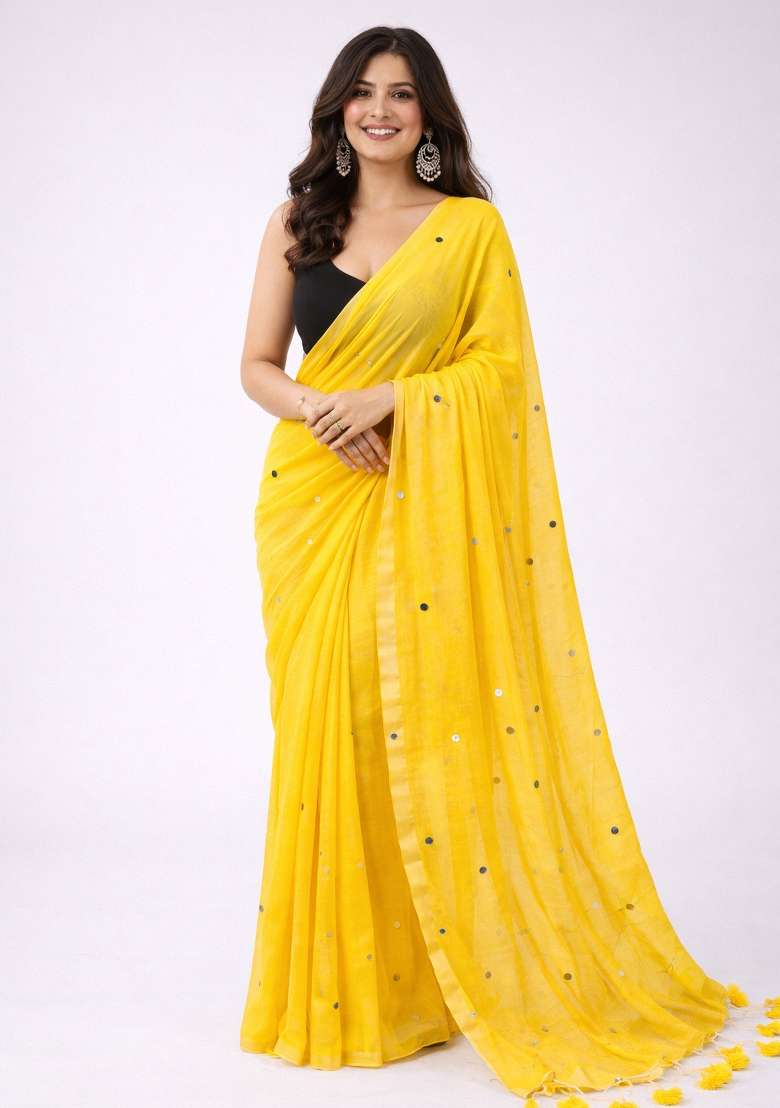 Yellow Woven Khadi Saree Set for Diwali | Wedding & Festive Wear - Indya