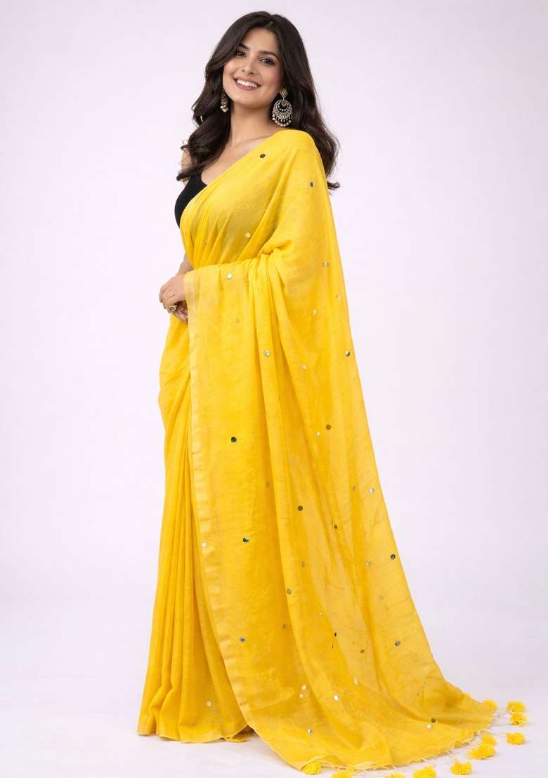 Yellow Woven Khadi Saree Set for Diwali | Wedding & Festive Wear - Indya