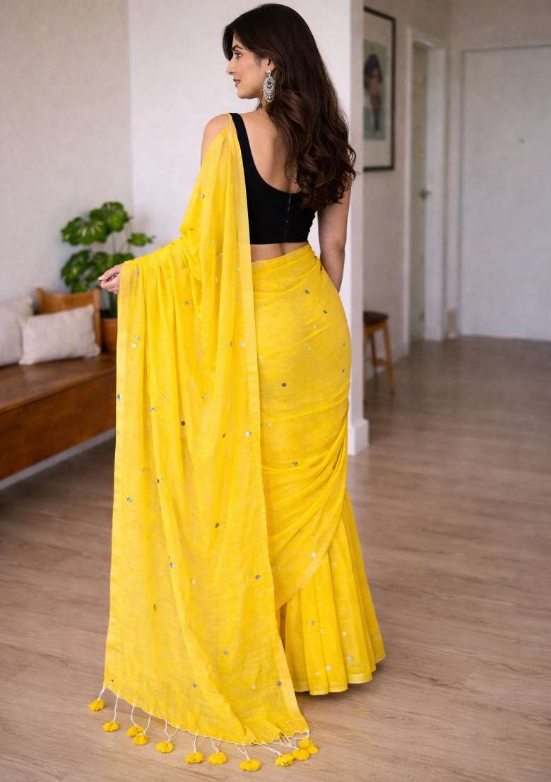 Yellow Woven Khadi Saree Set for Diwali | Wedding & Festive Wear - Indya