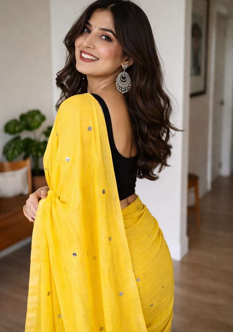 Yellow Woven Khadi Saree Set for Diwali | Wedding & Festive Wear - Indya