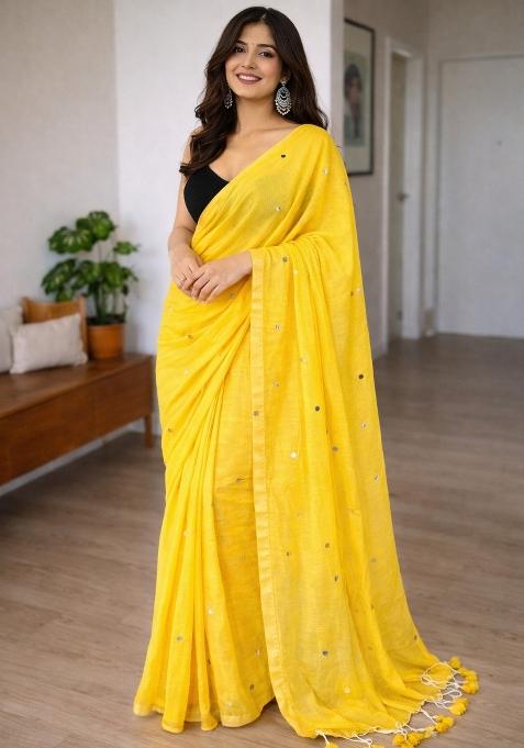 Yellow Woven Khadi Saree Set