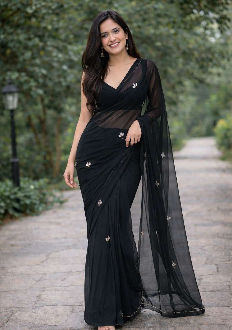 Black Handwork Georgette Saree Set for Diwali and Festive Wear - Indya