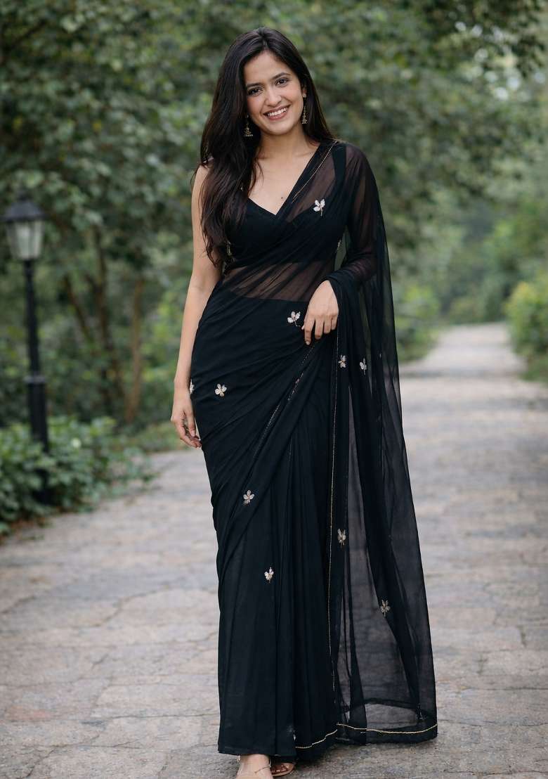 Black Handwork Georgette Saree Set for Diwali and Festive Wear - Indya