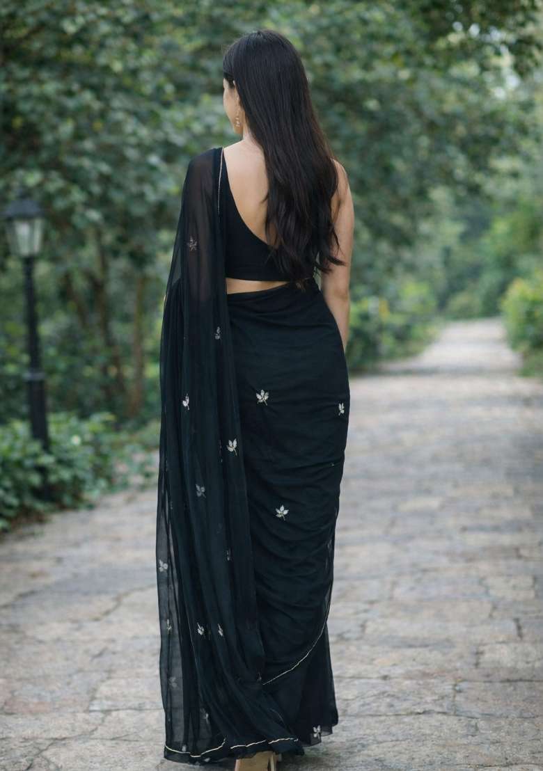 Black Handwork Georgette Saree Set for Diwali and Festive Wear - Indya