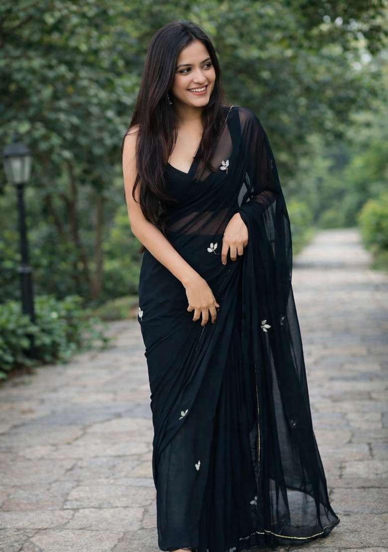 Black Handwork Georgette Saree Set for Diwali and Festive Wear - Indya