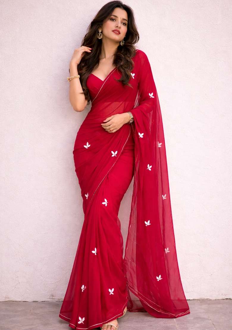 Red Handwork Georgette Saree Set for Diwali and Festive Wear - Indya