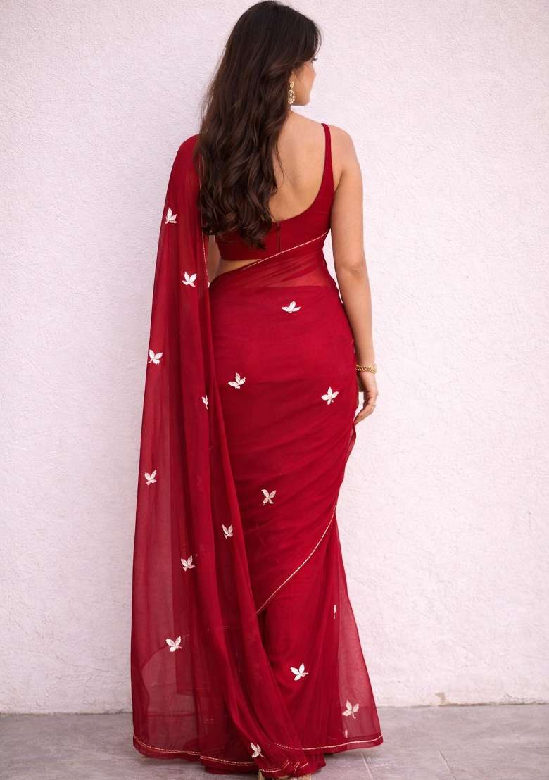 Red Handwork Georgette Saree Set for Diwali and Festive Wear - Indya