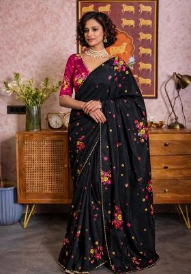 Black Printed Organza Saree Set