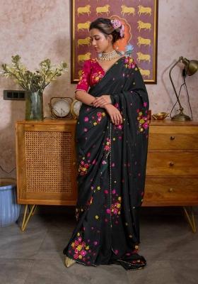 Black Printed Organza Saree Set