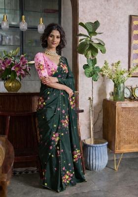 Bottle Green Printed Organza Saree Set