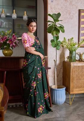 Bottle Green Printed Organza Saree Set