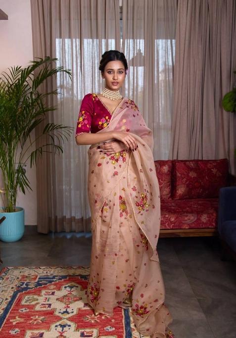 Peach Printed Organza Saree Set