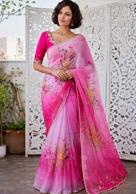 Pink Printed Organza Saree Set — view on Indya