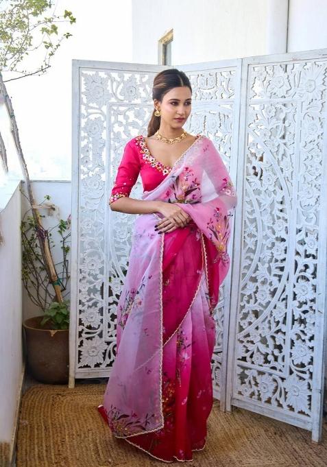 Pink Printed Organza Saree Set — view on Indya