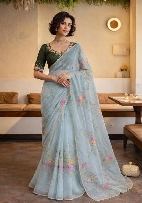 Sky Blue Printed Organza Saree Set
