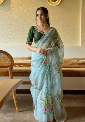 Sky Blue Printed Organza Saree Set
