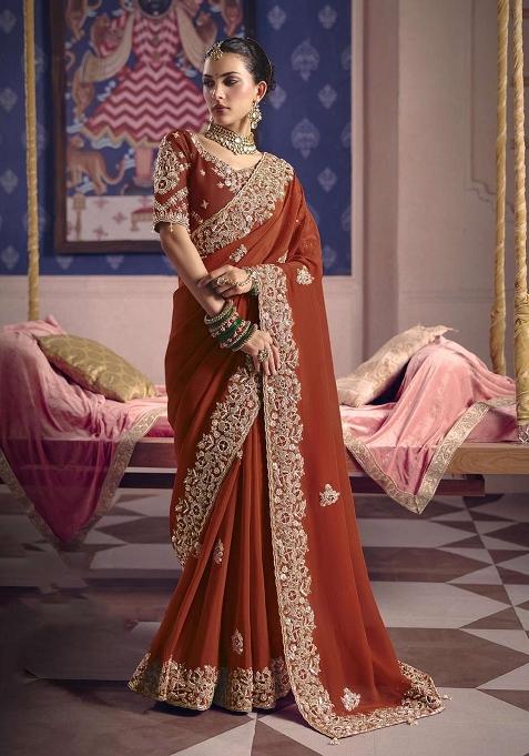 Brown Embroidery Viscose Saree Set