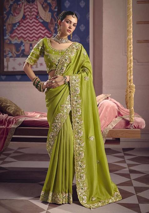 Green Embroidery Viscose Saree Set