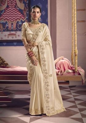 Off White Embroidery Viscose Saree Set