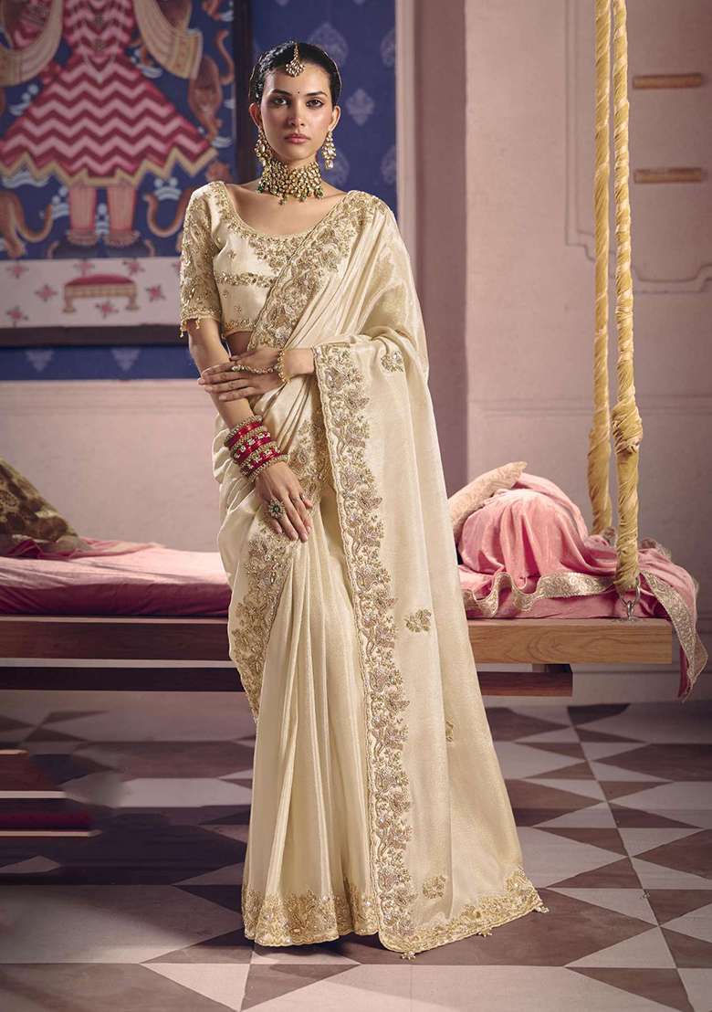 Off White Embroidery Viscose Saree Set - Indya