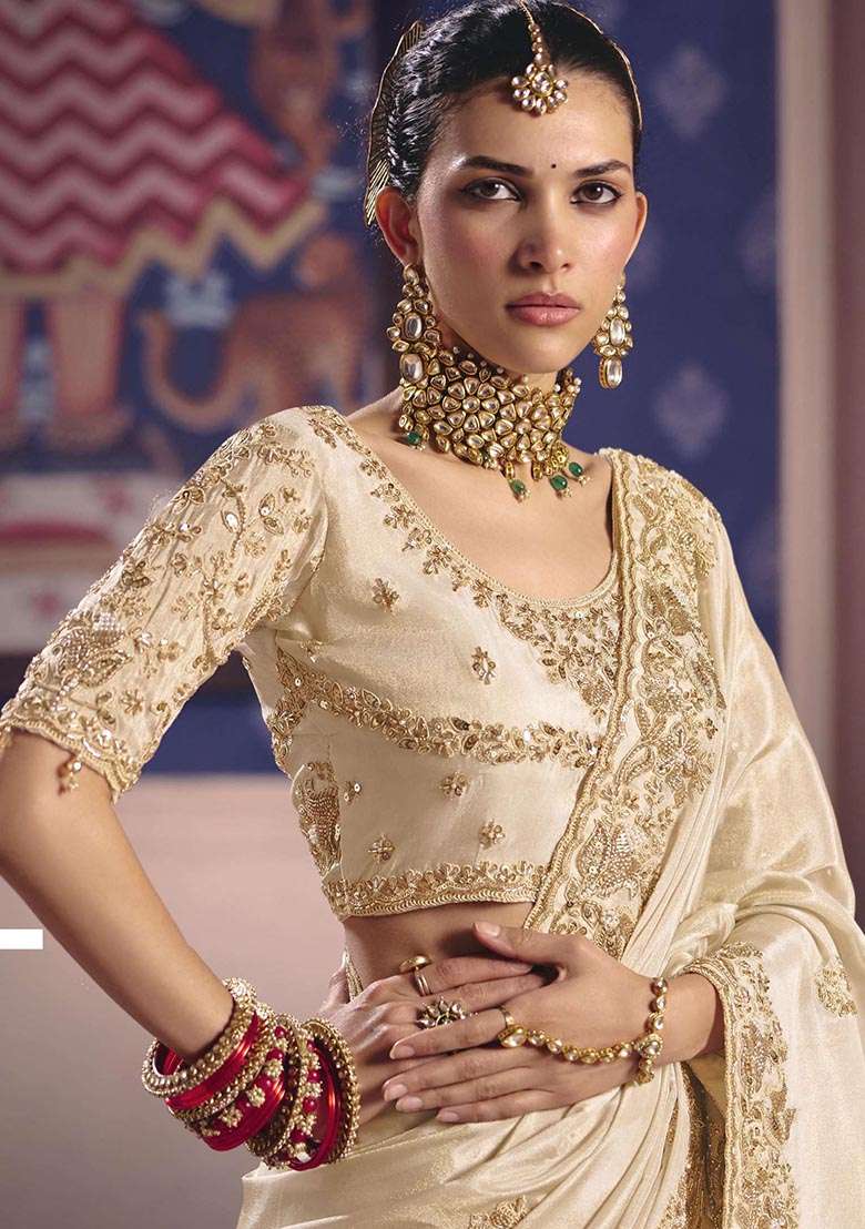 Off White Embroidery Viscose Saree Set - Indya