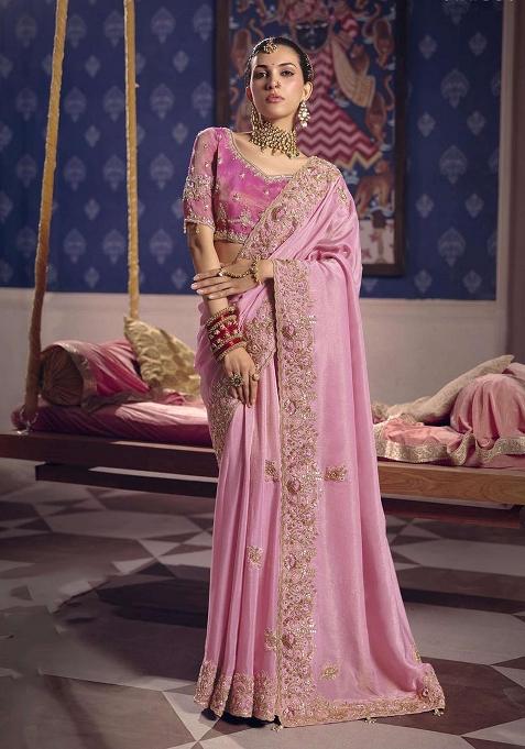 Pink Embroidery Viscose Saree Set