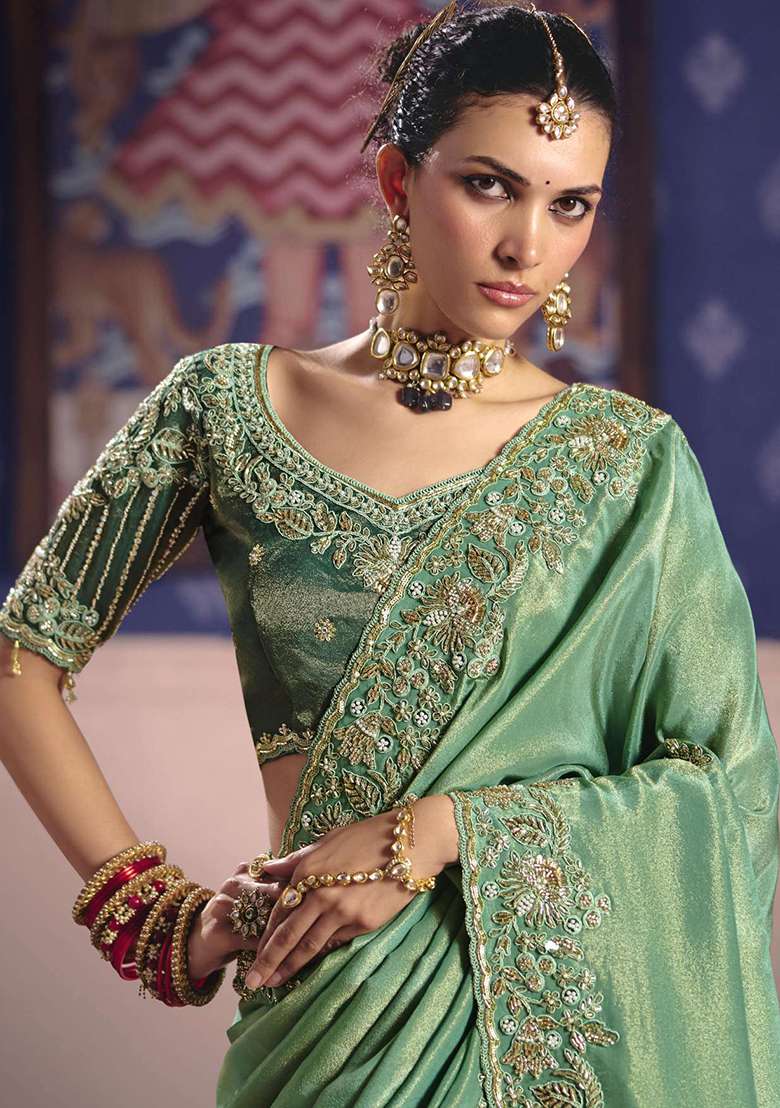Pista Green Embroidery Viscose Saree Set - Indya