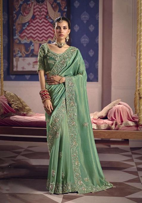 Pista Green Embroidery Viscose Saree Set