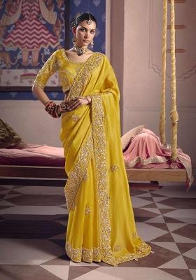 Yellow Embroidery Viscose Saree Set